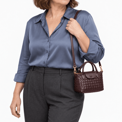 The Sunday Avenue Dark Brown Woven Mini Crossbody Bag with Top Handles