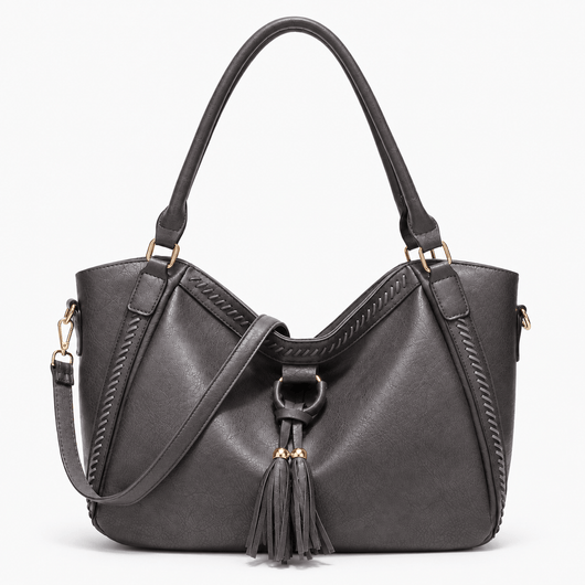 The Sunday Avenue Dark Grey Brown Whipstitch Fringe Tote Bag with Tassel Charm