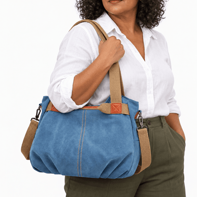 The Sunday Avenue Eleanor Blue Canvas Tote Bag with Detachable Crossbody Strap