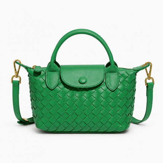 The Sunday Avenue Emerald Green Dark Brown Woven Mini Crossbody Bag with Top Handles