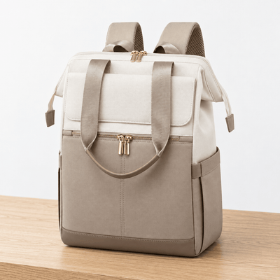 The Sunday Avenue Emiko Beige & Brown Colourblock Oxford Laptop Backpack