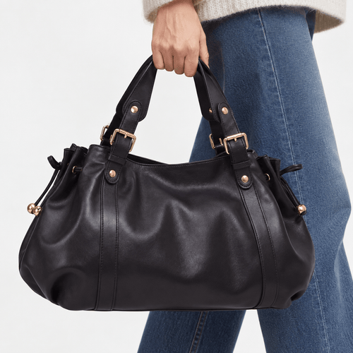 Enora Large Black Faux Leather Bowling Handbag
