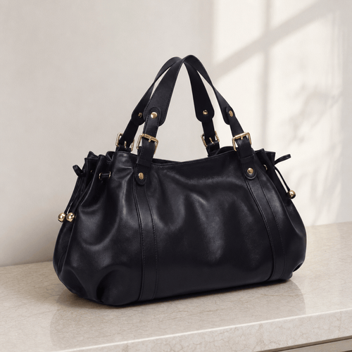 Enora Large Black Faux Leather Bowling Handbag