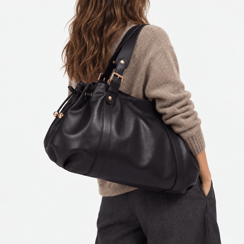 Enora Large Black Faux Leather Bowling Handbag