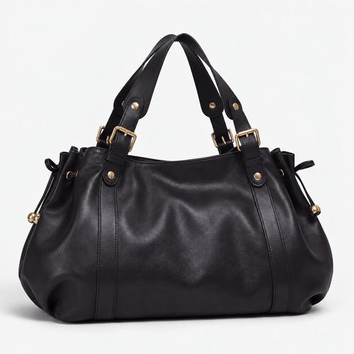 Enora Large Black Faux Leather Bowling Handbag