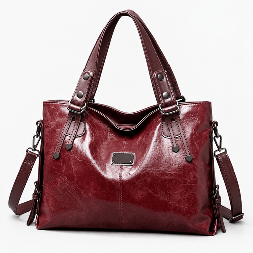 Women's Vintage Burgundy PU Leather Tote Handbag with Shoulder Strap