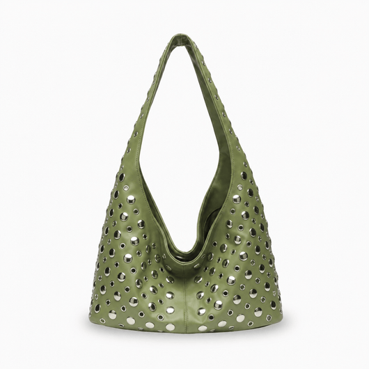 The Sunday Avenue Green Vivian Black PU Leather Rivet Hobo Shoulder Bag