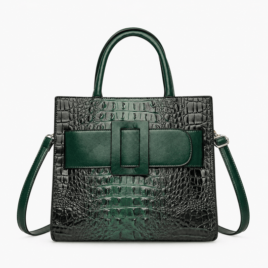 The Sunday Avenue Green Women's Brown Faux Leather Croco Handbag with Front Buckle