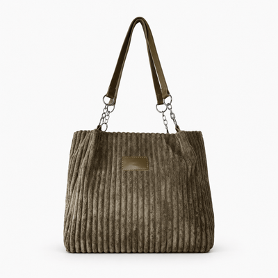 The Sunday Avenue Grey Beige Corduroy Tote Bag with Brown Shoulder Straps