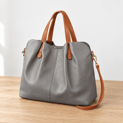 The Sunday Avenue Grey Genuine Cowhide Leather Litchi Grain Top Handle Shoulder Handbag