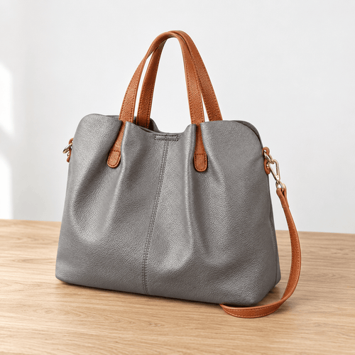 Genuine Cowhide Leather Litchi Grain Top Handle Shoulder Handbag - Fern