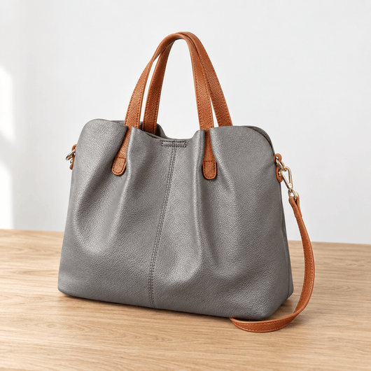 The Sunday Avenue Grey Genuine Cowhide Leather Litchi Grain Top Handle Shoulder Handbag