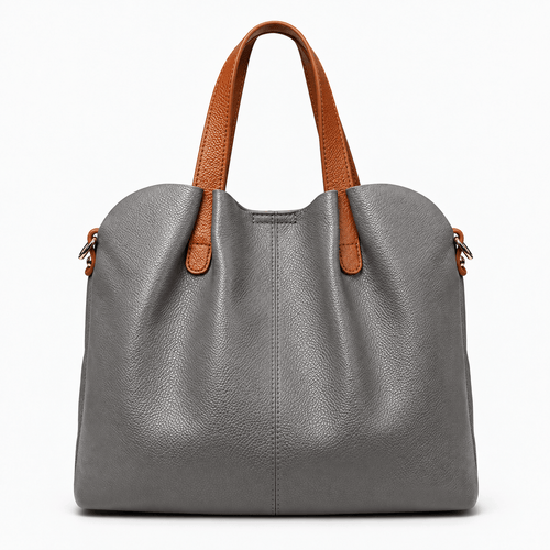 Genuine Cowhide Leather Litchi Grain Top Handle Shoulder Handbag - Fern