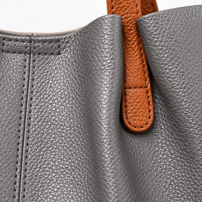 The Sunday Avenue Grey Genuine Cowhide Leather Litchi Grain Top Handle Shoulder Handbag