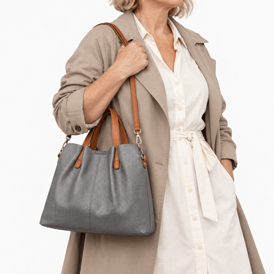 The Sunday Avenue Grey Genuine Cowhide Leather Litchi Grain Top Handle Shoulder Handbag