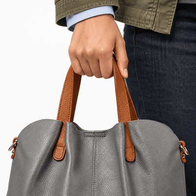 The Sunday Avenue Grey Genuine Cowhide Leather Litchi Grain Top Handle Shoulder Handbag
