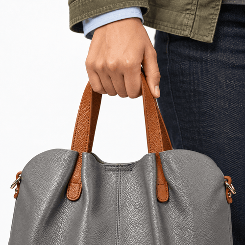 Genuine Cowhide Leather Litchi Grain Top Handle Shoulder Handbag - Fern