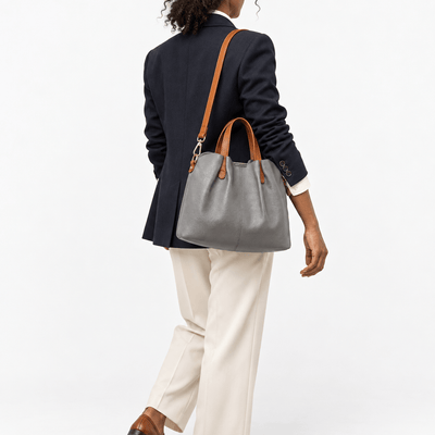 The Sunday Avenue Grey Genuine Cowhide Leather Litchi Grain Top Handle Shoulder Handbag