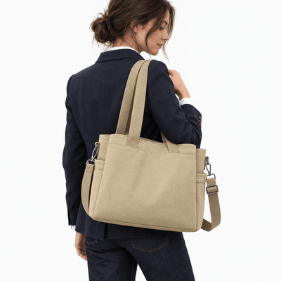 The Sunday Avenue Hannah Beige Canvas Tote Bag with Detachable Crossbody Strap