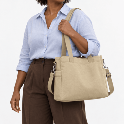 The Sunday Avenue Hannah Beige Canvas Tote Bag with Detachable Crossbody Strap