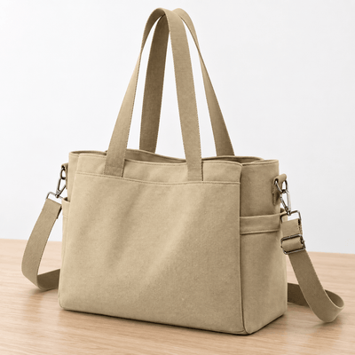 The Sunday Avenue Hannah Beige Canvas Tote Bag with Detachable Crossbody Strap
