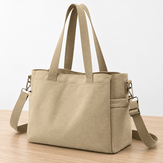 The Sunday Avenue Hannah Beige Canvas Tote Bag with Detachable Crossbody Strap