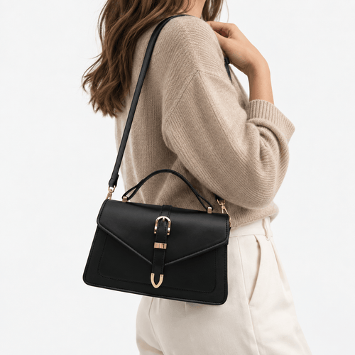 Isaline Small Black Crossbody Handbag with Gold-Tone Flap