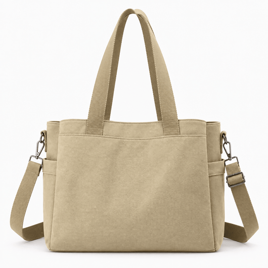 The Sunday Avenue Khaki Hannah Beige Canvas Tote Bag with Detachable Crossbody Strap