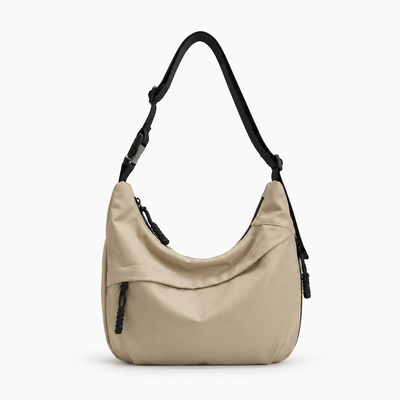 The Sunday Avenue Khaki White Nylon Hobo Shoulder Bag with Zip Closure