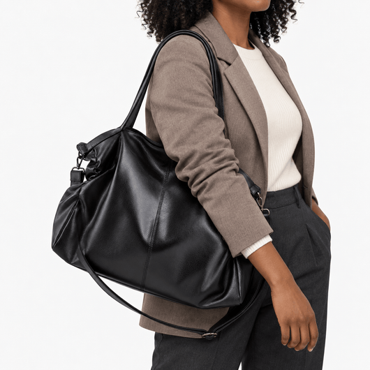 The Sunday Avenue Large Black Vegan Leather Tote Bag with Zip for A4 Work and Study