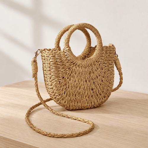 Léna Small Beige Straw Crossbody Bag