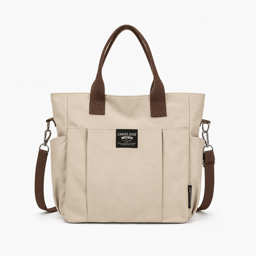 Women's Beige and Brown Canvas Multi-Pocket Tote Bag with Shoulder Strap