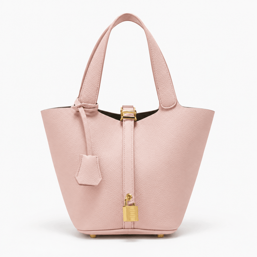 The Sunday Avenue Light Pink Black Grained Leather Bucket Bag with Gold-Tone Padlock