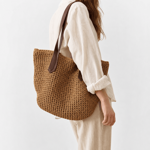 Lina Large Braided Straw Tote Bag with Brown Straps