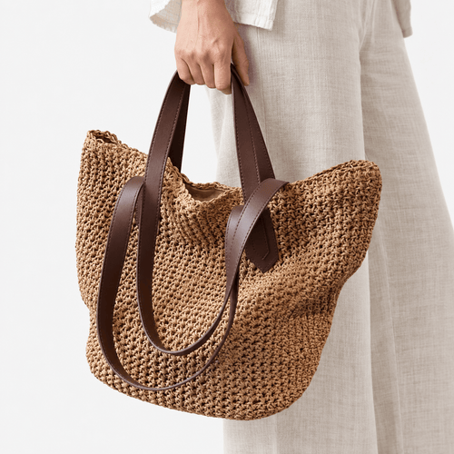 Lina Large Braided Straw Tote Bag with Brown Straps