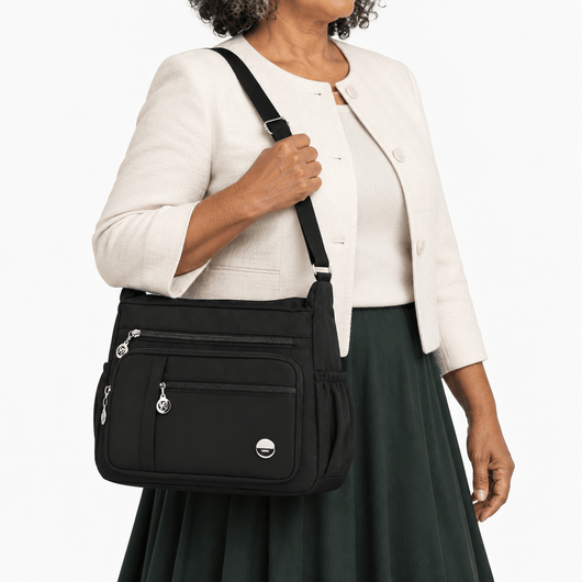 The Sunday Avenue Lindsey Black Nylon Multi-Pocket Shoulder Bag
