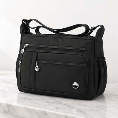 The Sunday Avenue Lindsey Black Nylon Multi-Pocket Shoulder Bag