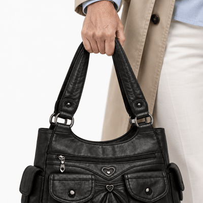 The Sunday Avenue Louise Black PU Leather Multi-Pocket Shoulder Bag