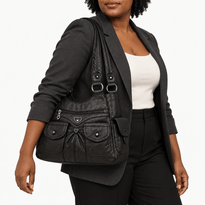 The Sunday Avenue Louise Black PU Leather Multi-Pocket Shoulder Bag