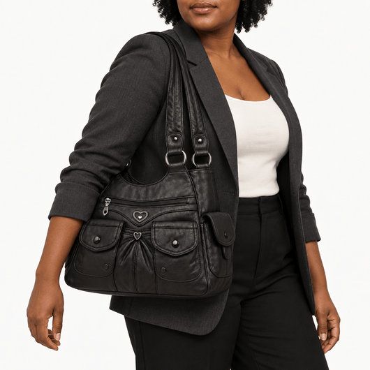 The Sunday Avenue Louise Black PU Leather Multi-Pocket Shoulder Bag