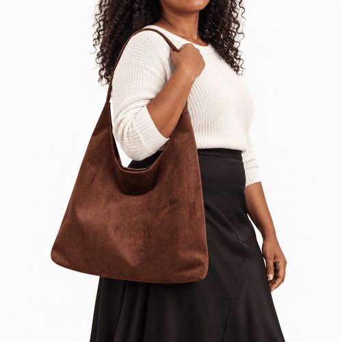 Faux Suede Tote Bag with Matching Pouch - Valentina