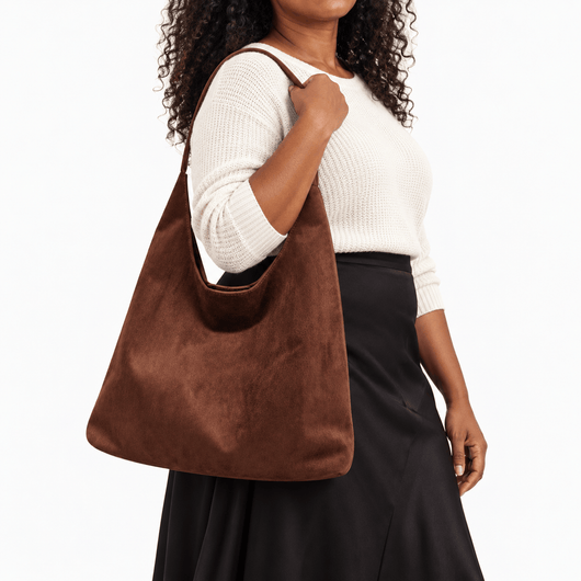 The Sunday Avenue Maëly Brown Faux Suede Tote Bag with Matching Pouch