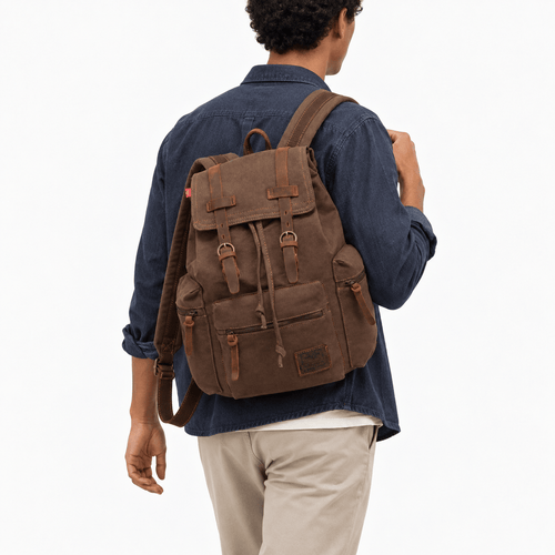 Men's Vintage Canvas Backpack with Leather Straps - Lavender