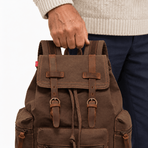 Men's Vintage Canvas Backpack with Leather Straps - Lavender