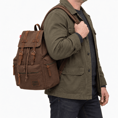The Sunday Avenue Men's Vintage Brown Canvas Backpack with Leather Straps