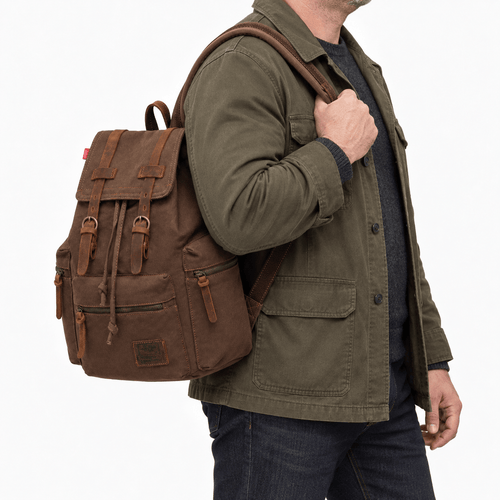 Men's Vintage Canvas Backpack with Leather Straps - Lavender