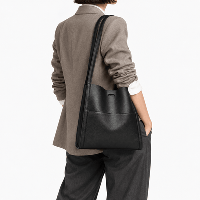 The Sunday Avenue Mia Black Pebbled Tote Bag with Interior Pockets