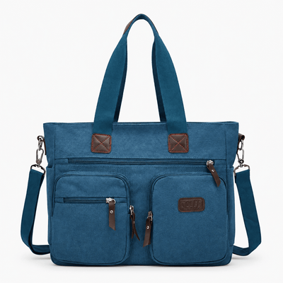 The Sunday Avenue Navy Blue Madeline Brown Canvas Multi-Pocket Tote Bag