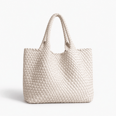 The Sunday Avenue Off-White Women's Brown Woven Vegan PU Leather Tote Bag