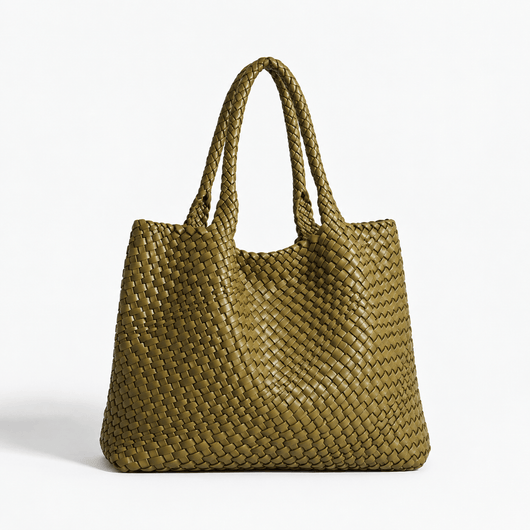 The Sunday Avenue Olive Green Women's Brown Woven Vegan PU Leather Tote Bag